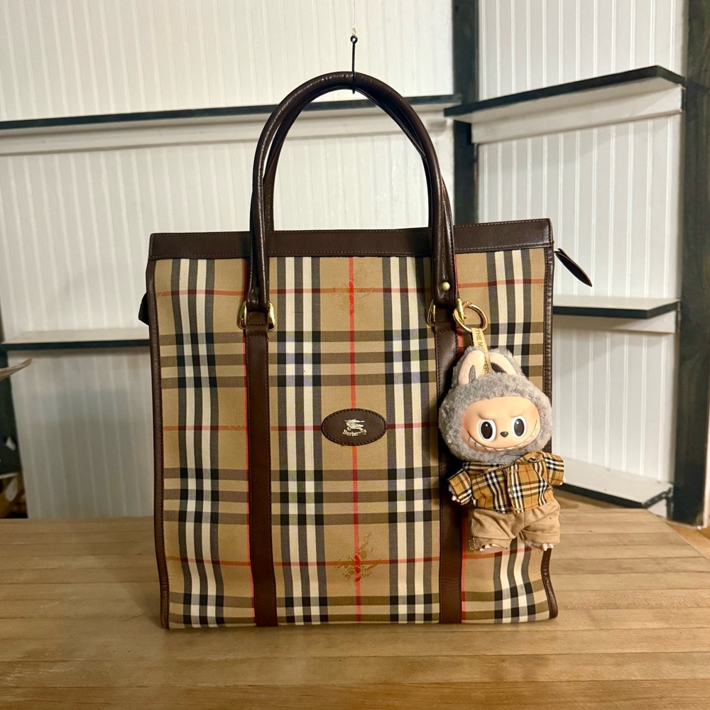 Burberry Knight Nova Check Canvas Leather Shopper Zip Tote Bag